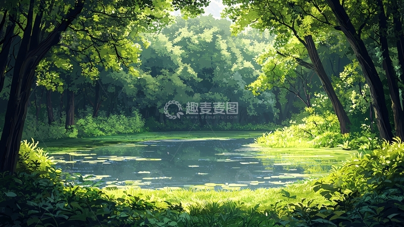 高清大图下载【趣麦麦图】阳光透过树林照射在湖面