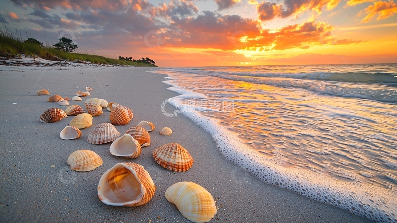 高清大图下载【趣麦麦图】海滩日落贝壳