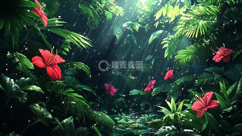 高清大图下载【趣麦麦图】热带雨林雨中红花