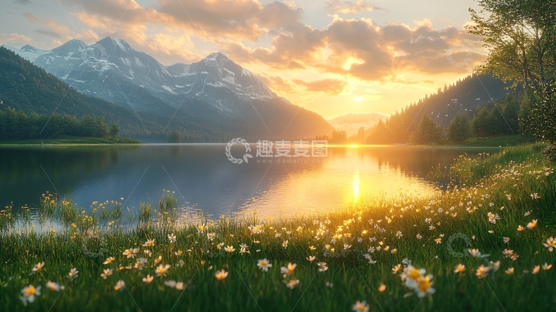 高清大图下载【趣麦麦图】日出雪山湖泊美景