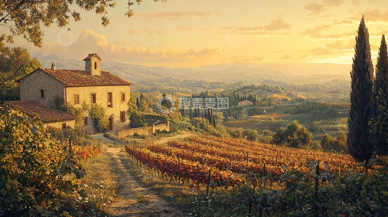 高清大图下载【趣麦麦图】夕阳下乡间别墅葡萄园