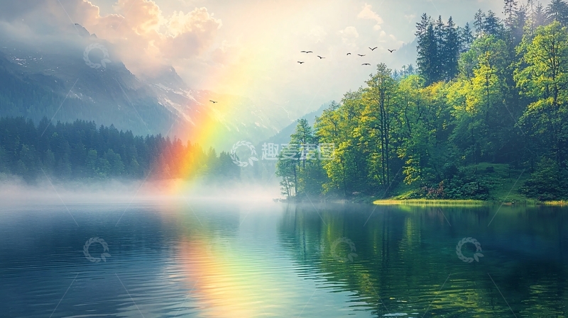 高清大图下载【趣麦麦图】彩虹湖泊森林