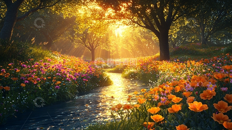 高清大图下载【趣麦麦图】阳光森林小溪鲜花