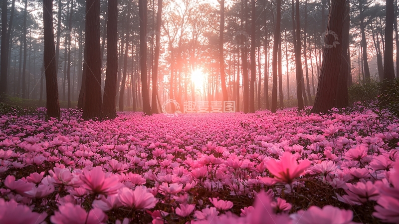 高清大图下载【趣麦麦图】粉色花海森林日出