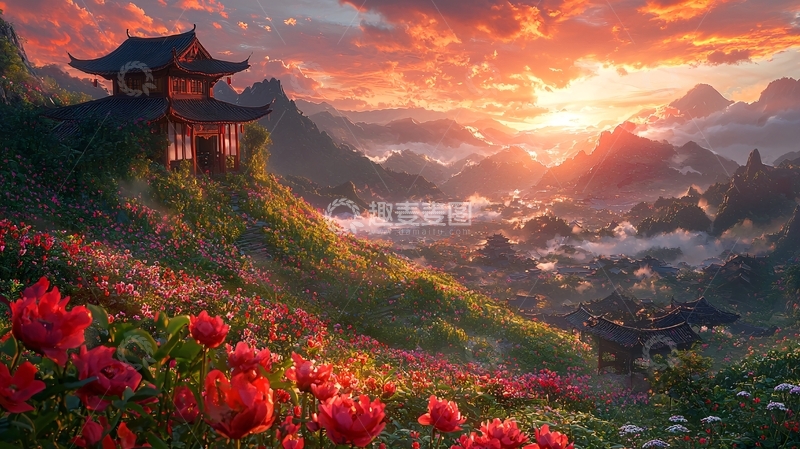 高清大图下载【趣麦麦图】日出山峦古寺红花