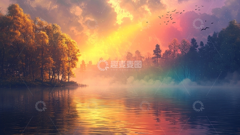 高清大图下载【趣麦麦图】梦幻森林日出湖景