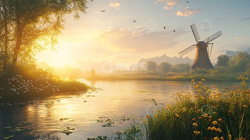 高清大图下载【趣麦麦图】清晨阳光下的荷兰风车