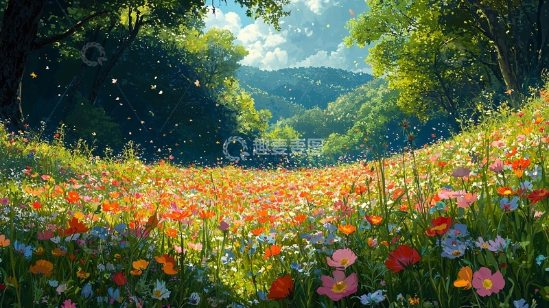 高清大图下载【趣麦麦图】阳光下鲜花盛开的山坡