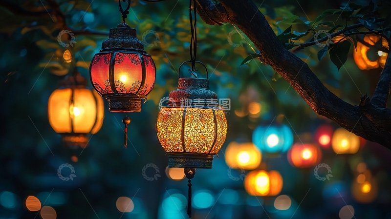高清大图下载【趣麦麦图】树上挂着彩色灯笼