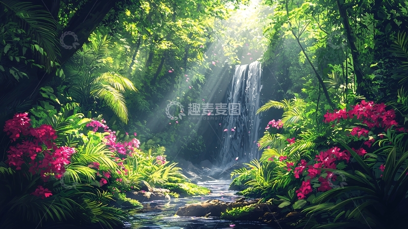 高清大图下载【趣麦麦图】阳光森林瀑布