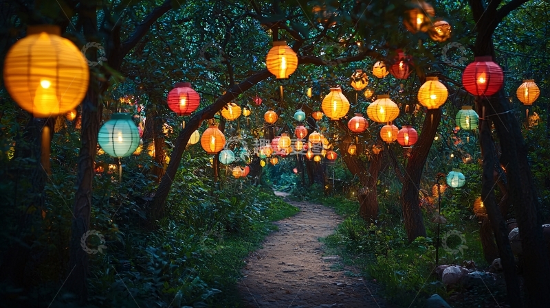 高清大图下载【趣麦麦图】树林小路彩灯