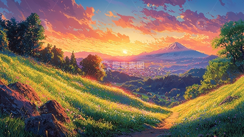 高清大图下载【趣麦麦图】山峦日出田园风光