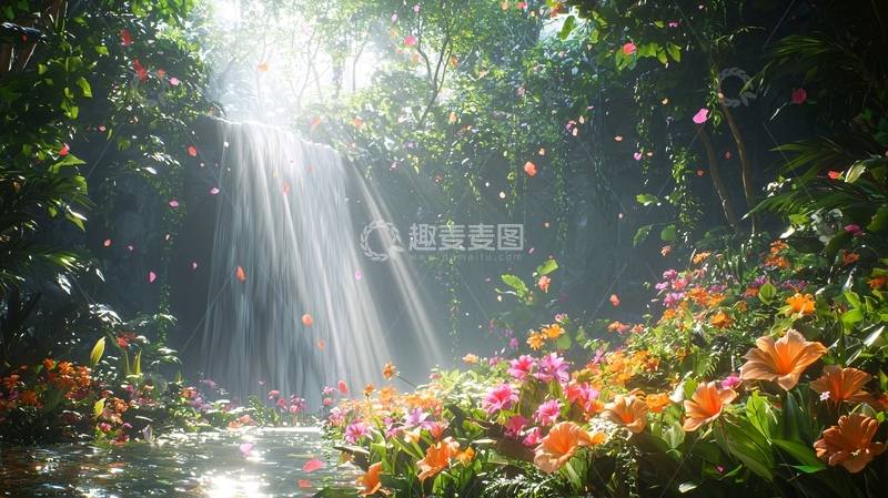 高清大图下载【趣麦麦图】阳光森林瀑布