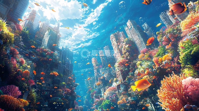高清大图下载【趣麦麦图】阳光透过海面照射珊瑚礁
