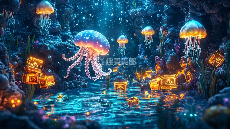 高清大图下载【趣麦麦图】深海发光水母奇幻场景