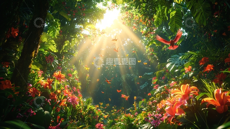 高清大图下载【趣麦麦图】阳光透过树林花海