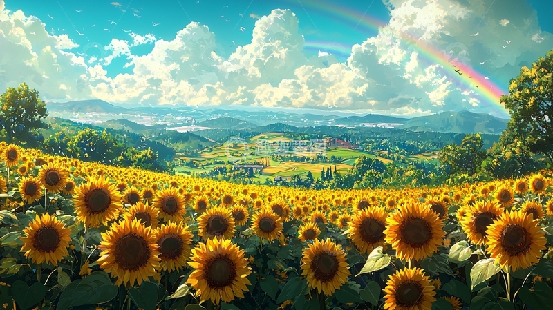 高清大图下载【趣麦麦图】向日葵田园彩虹风景