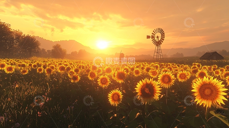 高清大图下载【趣麦麦图】夕阳下向日葵田园风光