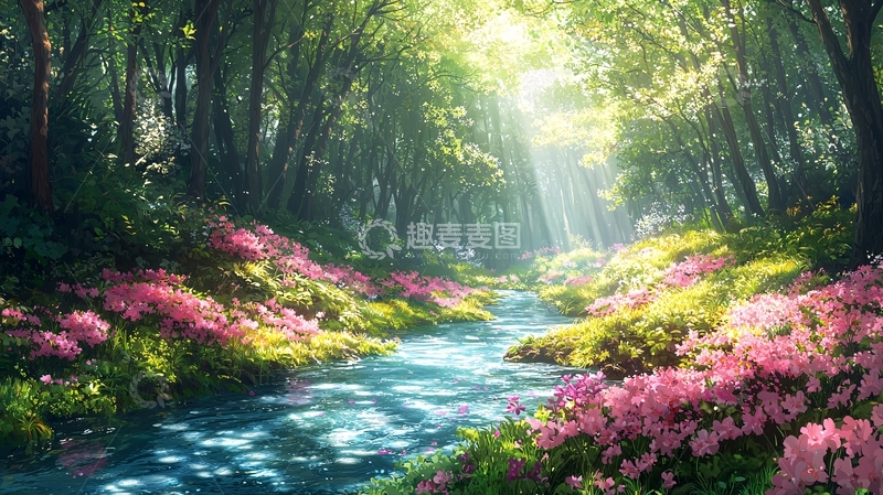 高清大图下载【趣麦麦图】森林溪流阳光花海