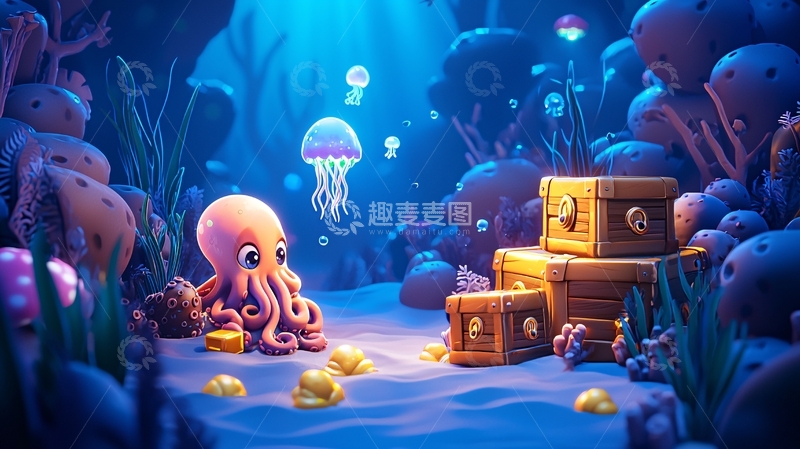 高清大图下载【趣麦麦图】卡通章鱼海底宝藏
