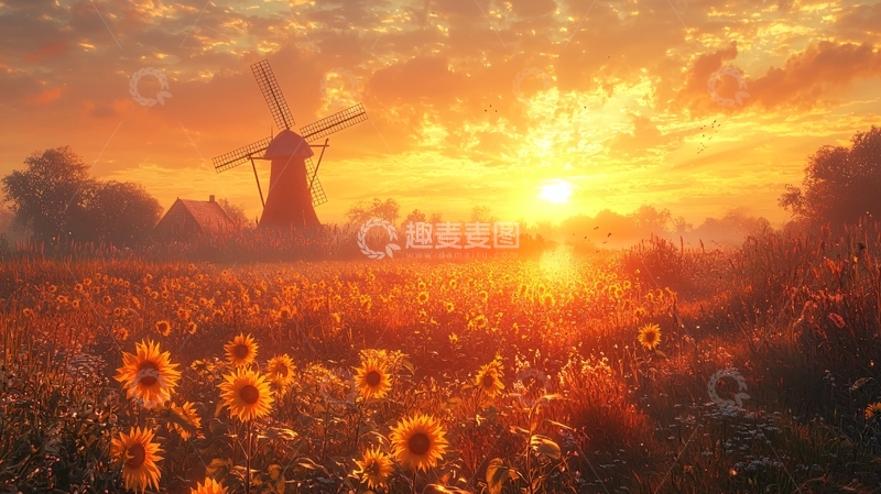 高清大图下载【趣麦麦图】日出麦田风车向日葵