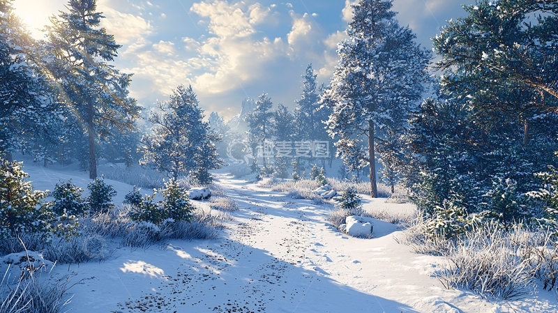 高清大图下载【趣麦麦图】冬日雪景森林小路