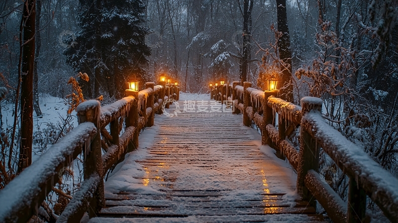 高清大图下载【趣麦麦图】雪夜森林木桥