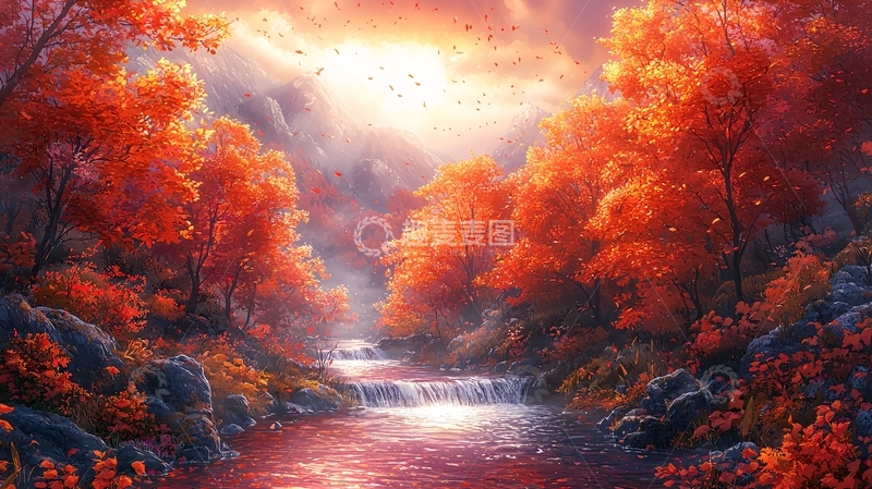 高清大图下载【趣麦麦图】秋日红叶溪流景色