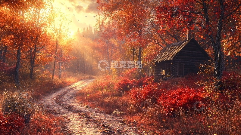 高清大图下载【趣麦麦图】秋日森林小木屋