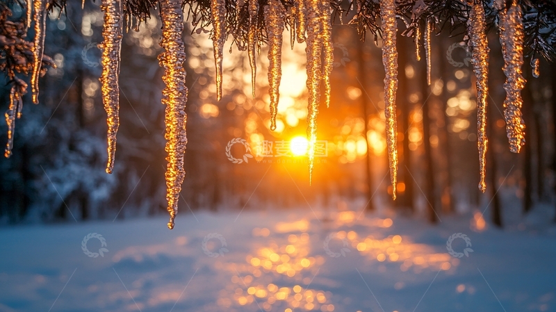 高清大图下载【趣麦麦图】冰凌夕阳森林雪景