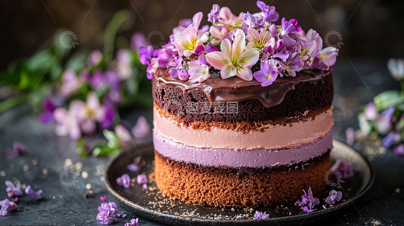 高清大图下载【趣麦麦图】紫色鲜花巧克力蛋糕
