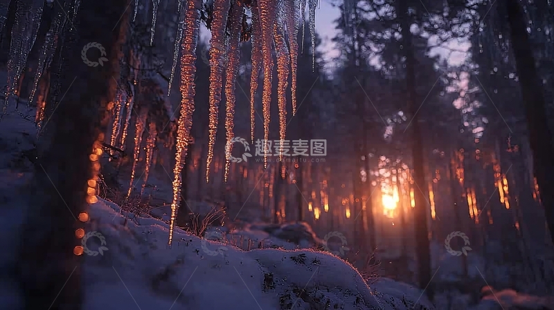 高清大图下载【趣麦麦图】冰雪森林日落