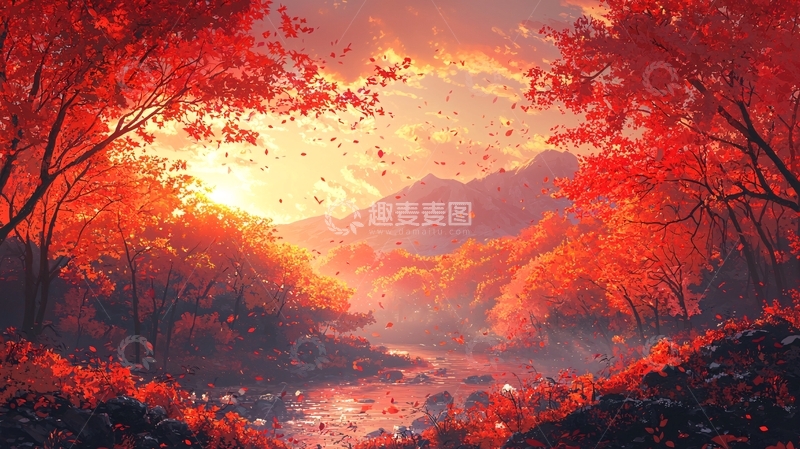 高清大图下载【趣麦麦图】红叶枫林落日晚霞