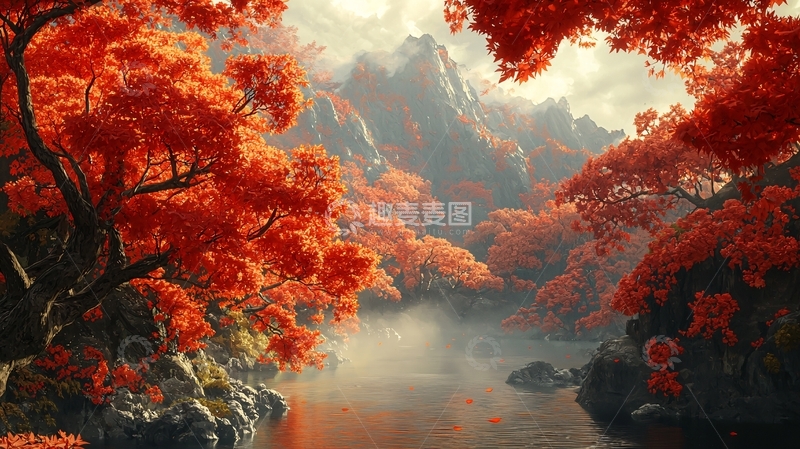 高清大图下载【趣麦麦图】红叶秋景山水画
