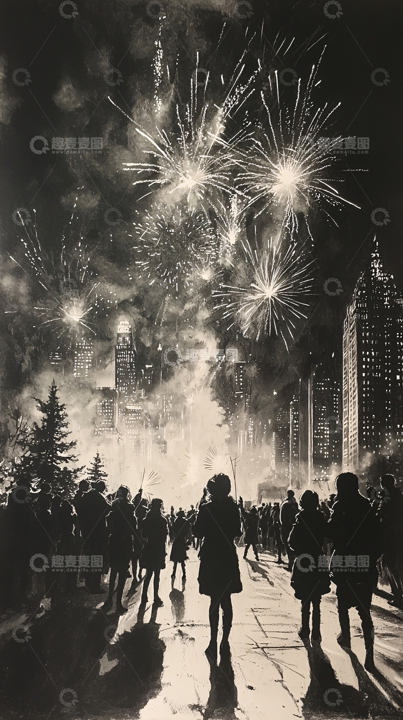 高清大图下载【趣麦麦图】黑白烟花夜景