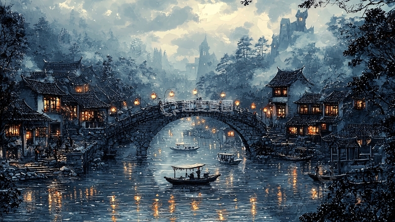 高清大图下载【趣麦麦图】水墨画风格夜景古镇