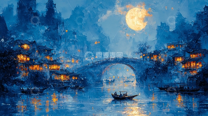 高清大图下载【趣麦麦图】蓝月下的古镇夜景