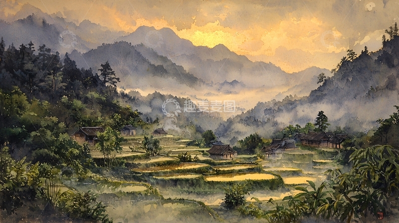 高清大图下载【趣麦麦图】山峦叠嶂日落梯田景色