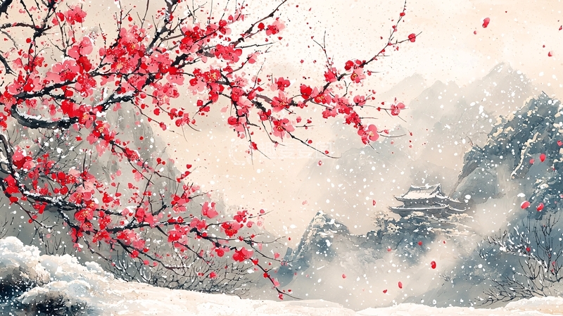 高清大图下载【趣麦麦图】雪中红梅山景图