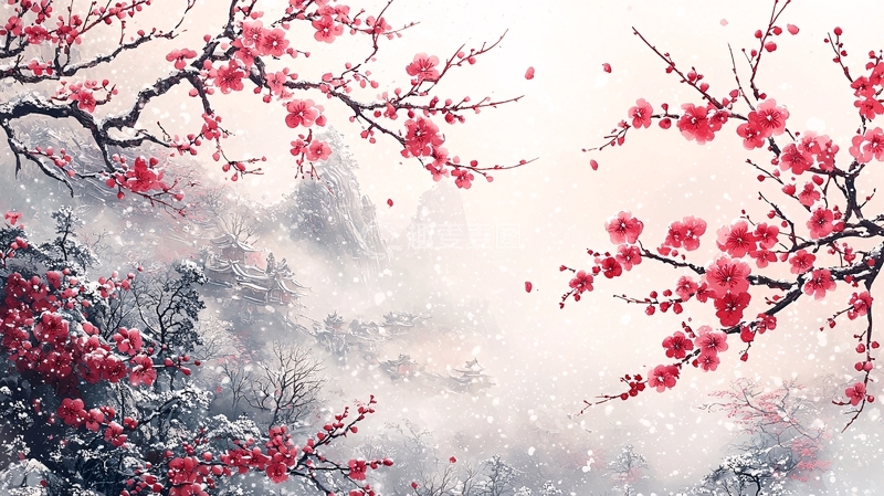 水墨红梅雪景图