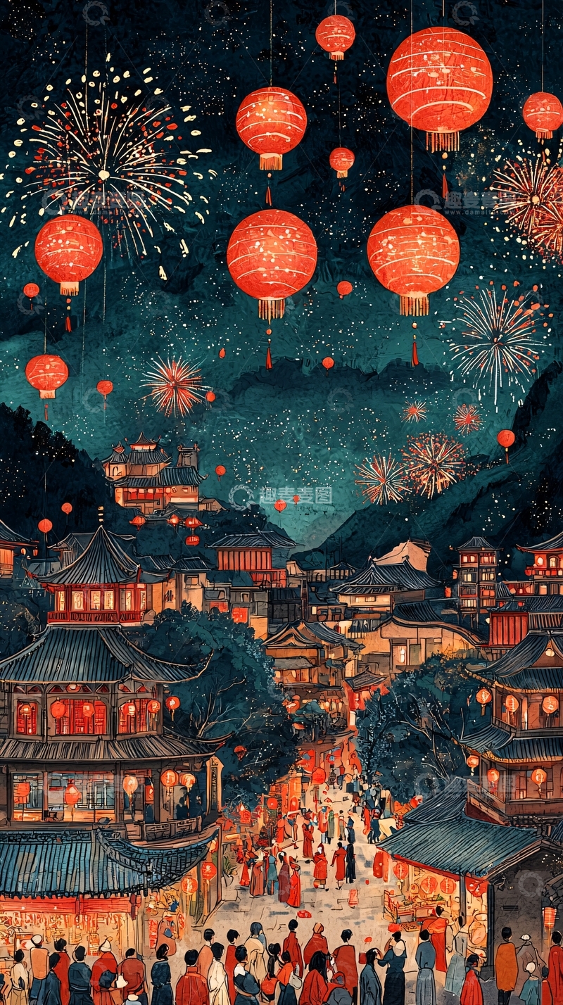 高清大图下载【趣麦麦图】烟花夜景古镇红灯笼
