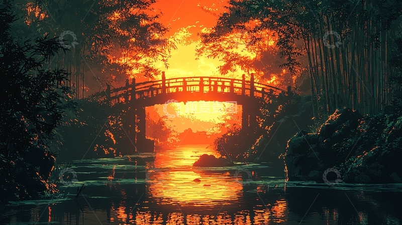 高清大图下载【趣麦麦图】燃烧的夕阳下的木桥