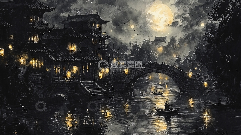 高清大图下载【趣麦麦图】水墨江南夜景