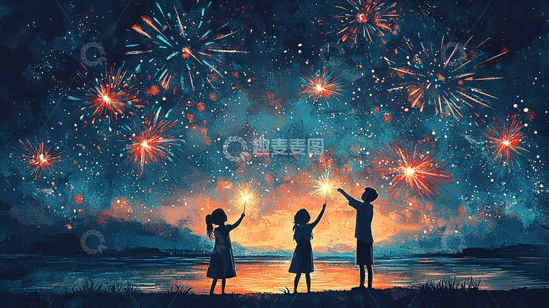 高清大图下载【趣麦麦图】星空下孩子们燃放烟花