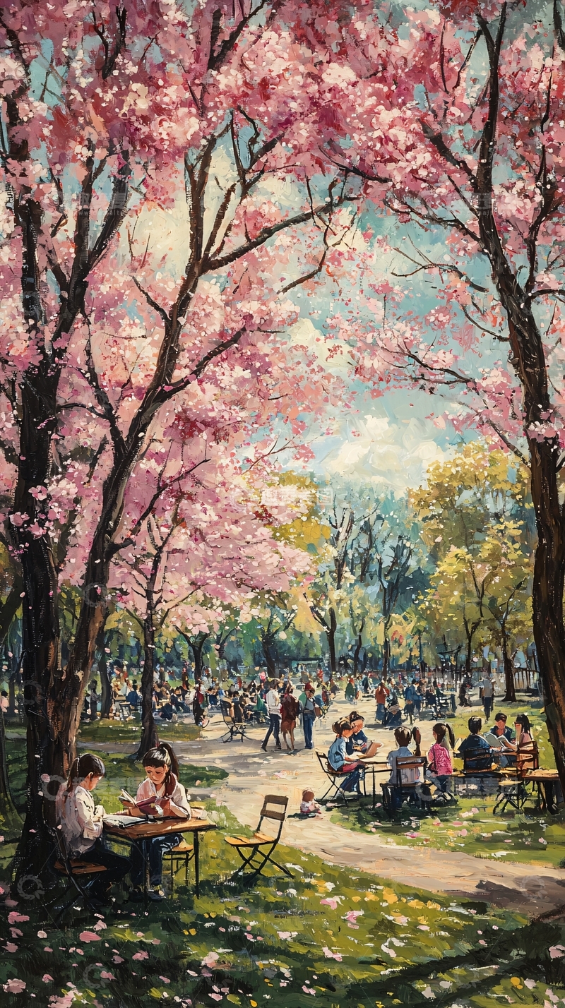 高清大图下载【趣麦麦图】公园樱花盛开人群野餐