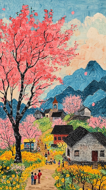 粉红樱花山村风景画