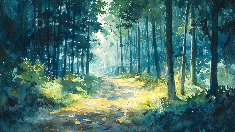 高清大图下载【趣麦麦图】水彩森林小路