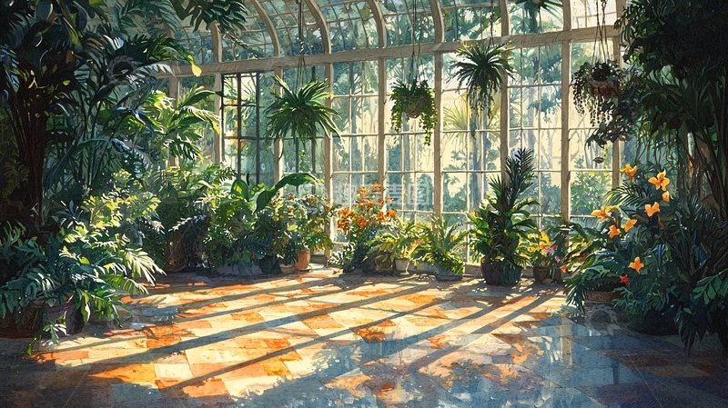 高清大图下载【趣麦麦图】阳光透过玻璃房照进植物园