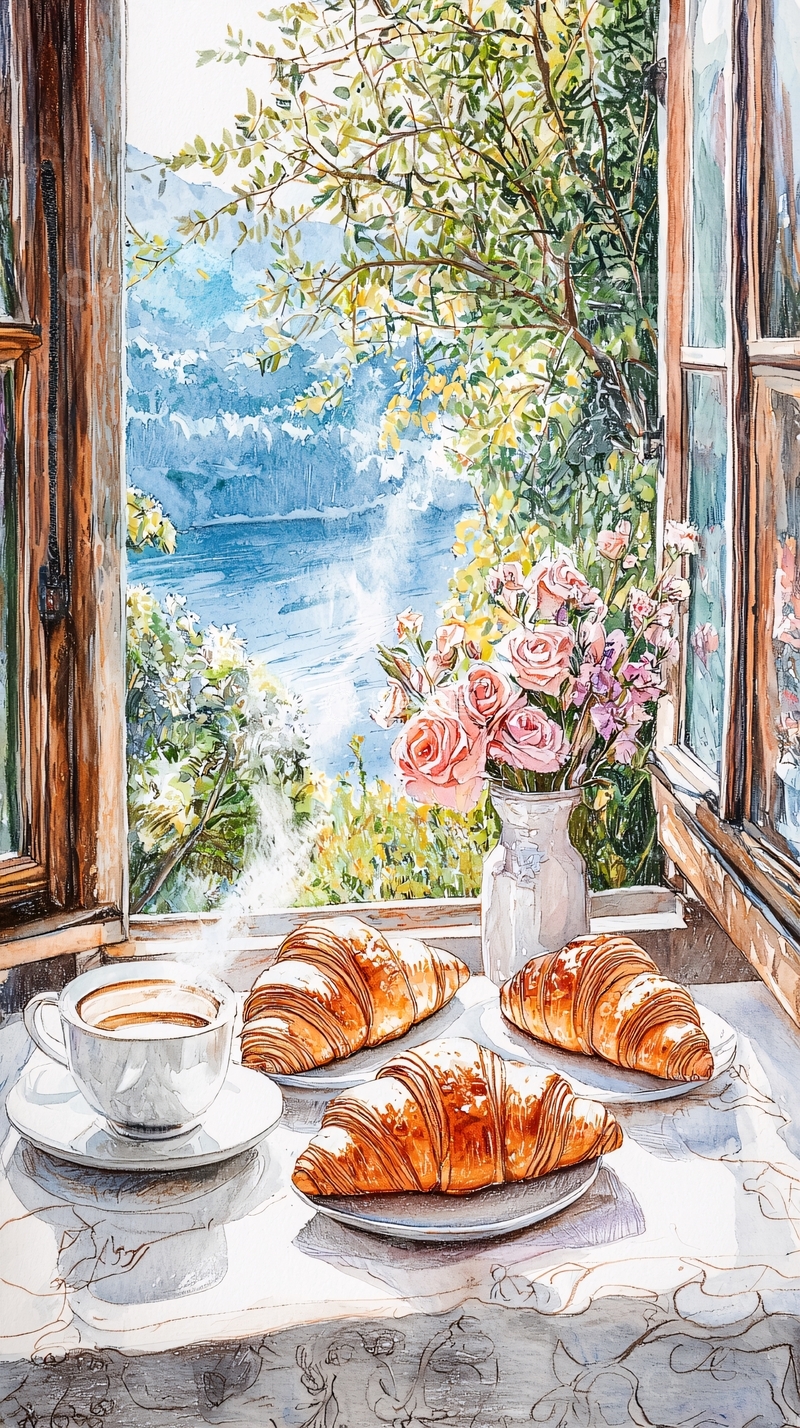 高清大图下载【趣麦麦图】窗边早餐风景画