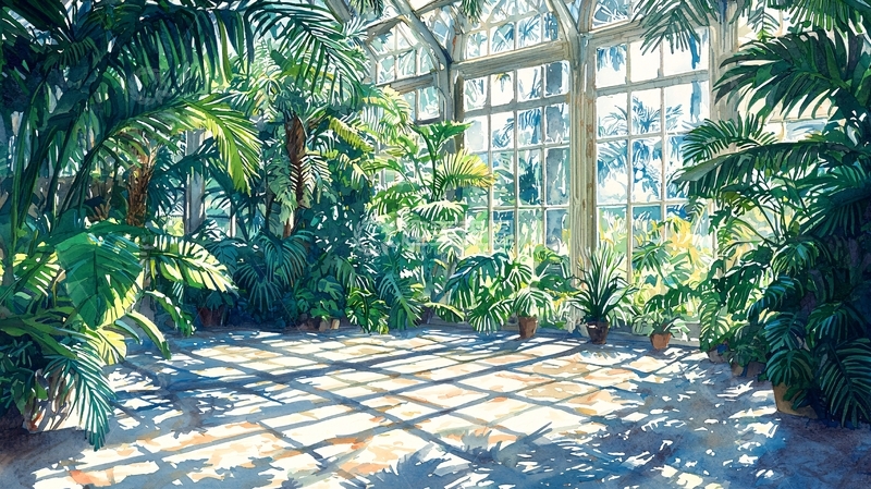 高清大图下载【趣麦麦图】阳光透过玻璃房洒在植物上